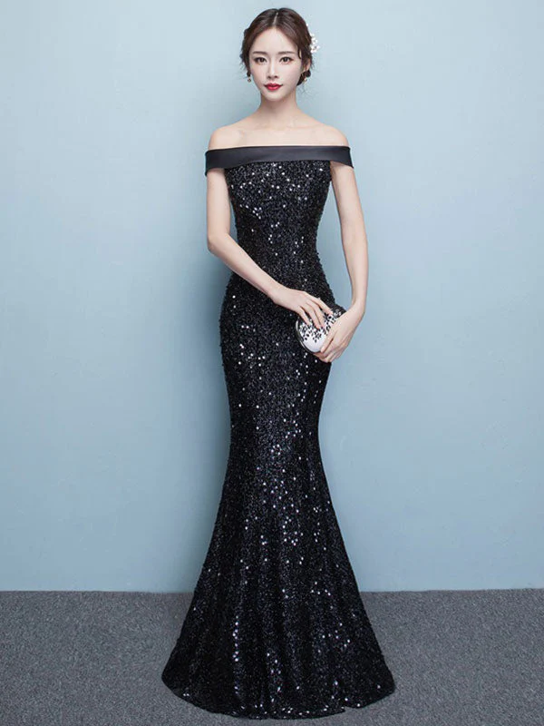 Glamorous Black Evening Dress Lace Sequin Bateau Mermaid Formal Dress Off The Shoulder Floor Length Occasion Dress wedding guest dress - Image 2