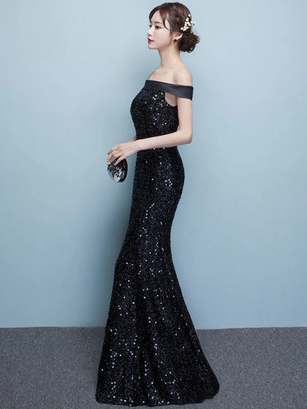 Glamorous Black Evening Dress Lace Sequin Bateau Mermaid Formal Dress Off The Shoulder Floor Length Occasion Dress wedding guest dress - Image 3