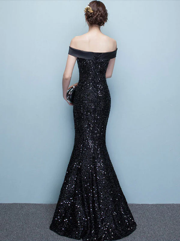 Glamorous Black Evening Dress Lace Sequin Bateau Mermaid Formal Dress Off The Shoulder Floor Length Occasion Dress wedding guest dress - Image 4