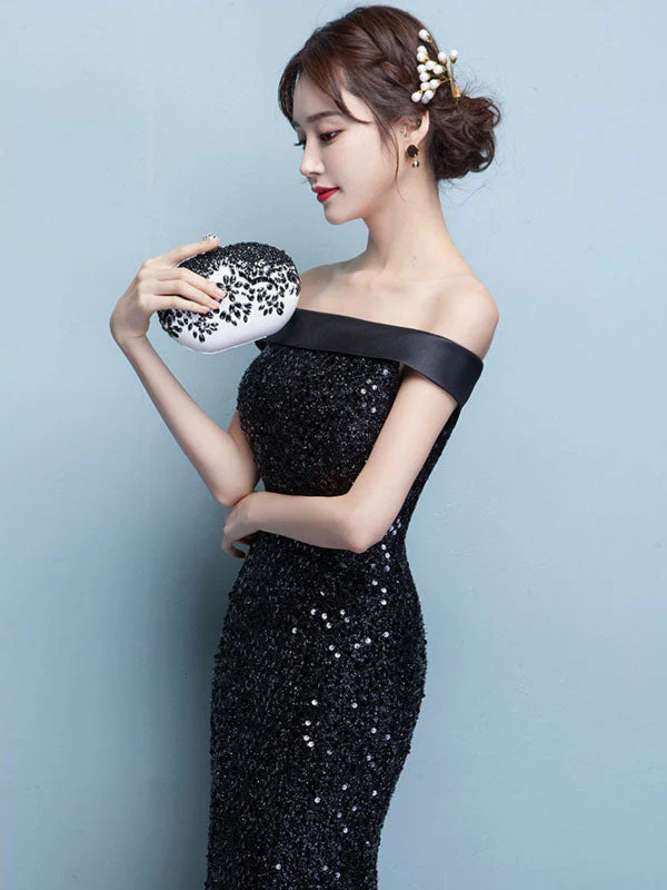 Glamorous Black Evening Dress Lace Sequin Bateau Mermaid Formal Dress Off The Shoulder Floor Length Occasion Dress wedding guest dress - Image 5