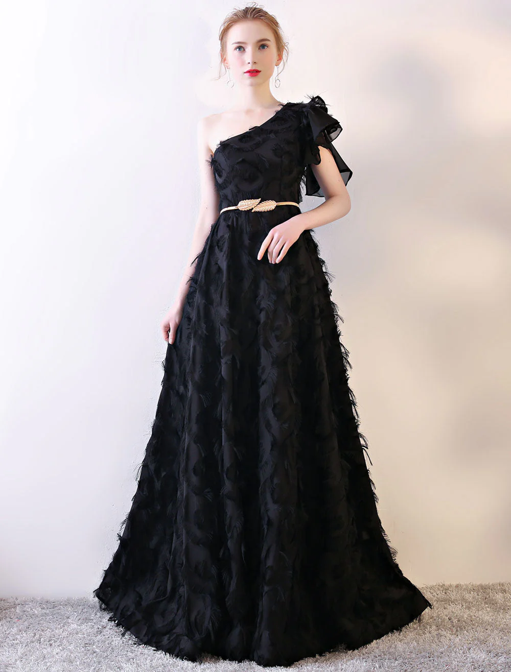 Amazing Black Evening Dress One Shoulder evening dress Long Lace Ruffles Floor Length Formal Dress With Sash - Image 2