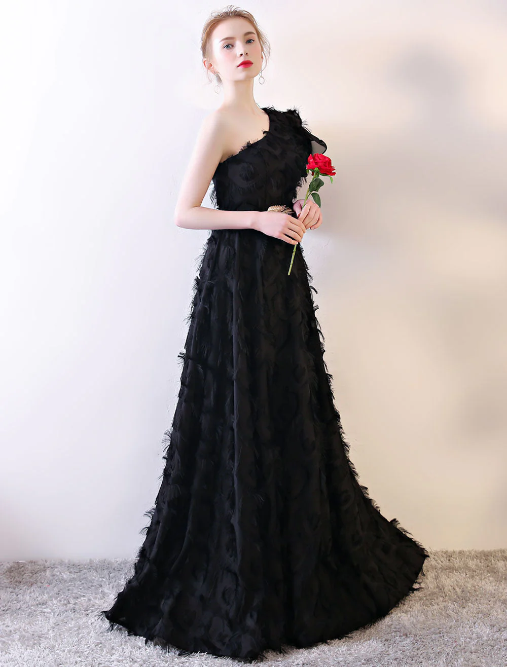 Amazing Black Evening Dress One Shoulder evening dress Long Lace Ruffles Floor Length Formal Dress With Sash - Image 3