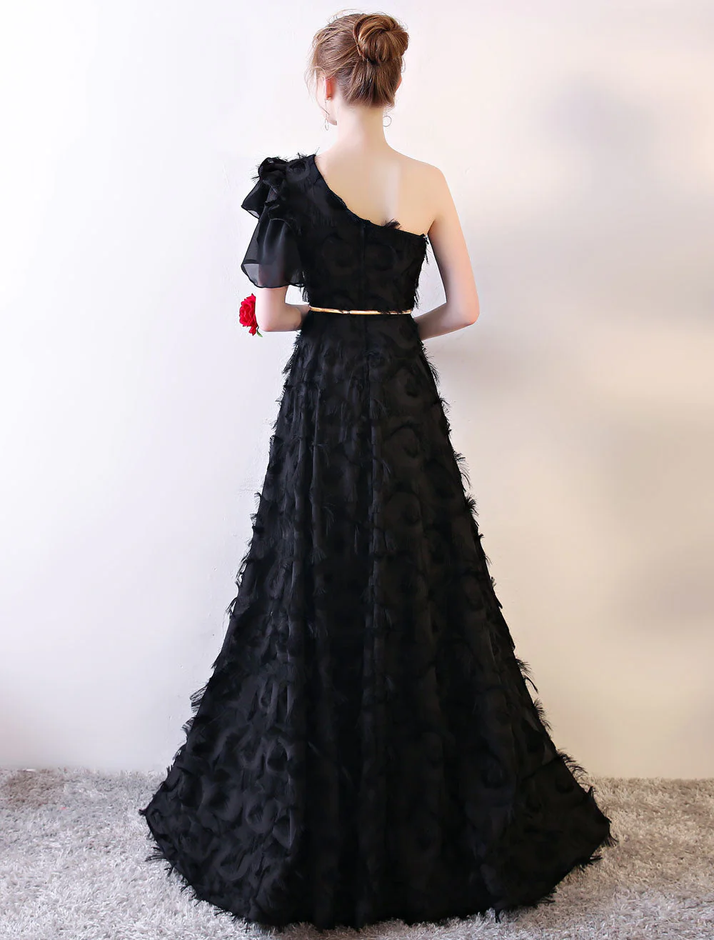 Amazing Black Evening Dress One Shoulder evening dress Long Lace Ruffles Floor Length Formal Dress With Sash - Image 4