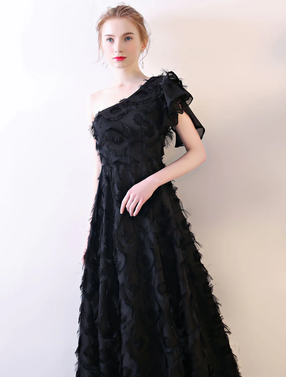 Amazing Black Evening Dress One Shoulder evening dress Long Lace Ruffles Floor Length Formal Dress With Sash - Image 5