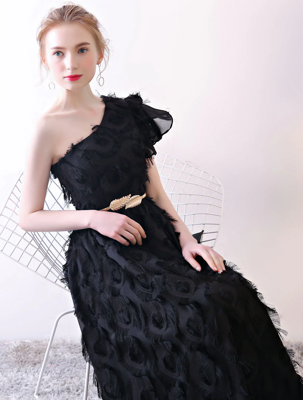 Amazing Black Evening Dress One Shoulder evening dress Long Lace Ruffles Floor Length Formal Dress With Sash - Image 6