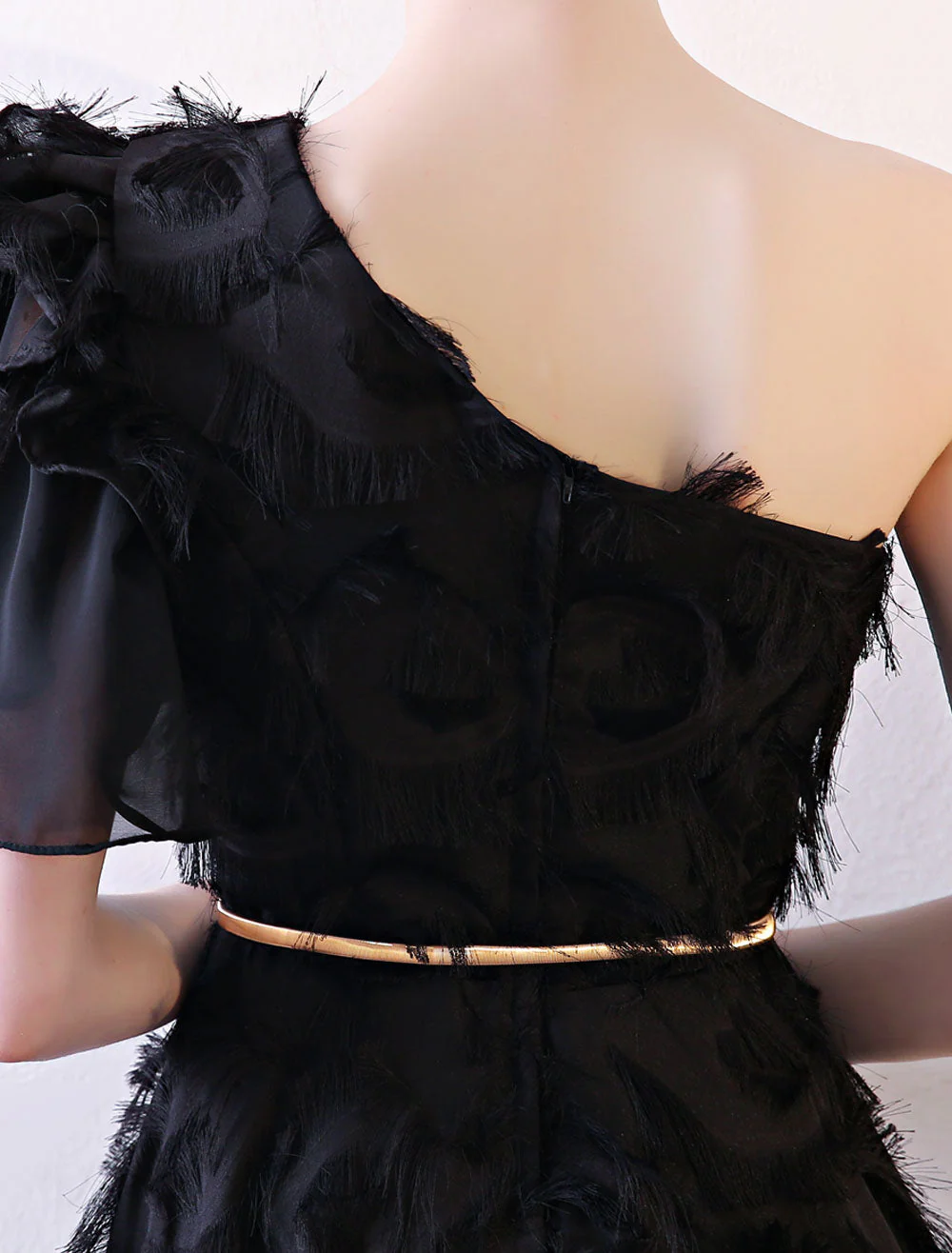 Amazing Black Evening Dress One Shoulder evening dress Long Lace Ruffles Floor Length Formal Dress With Sash - Image 8