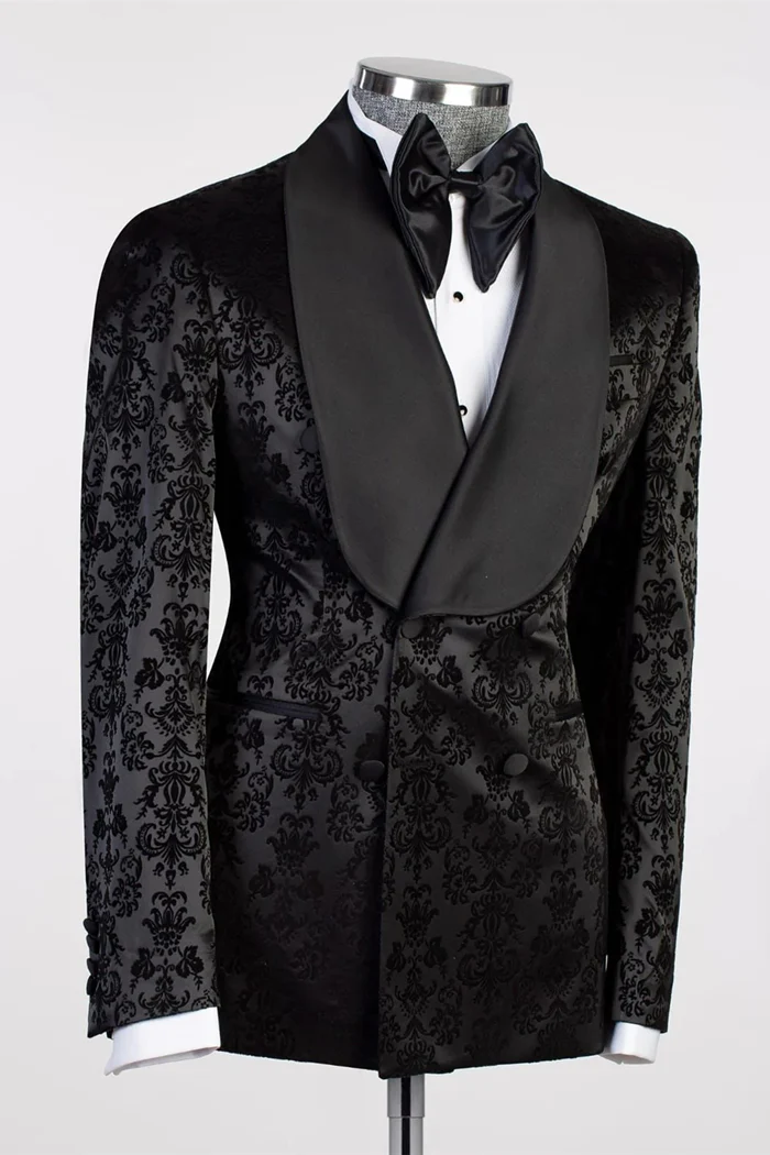 Black Floral Jacquard Shawl Lapel Men's Suit - Image 2