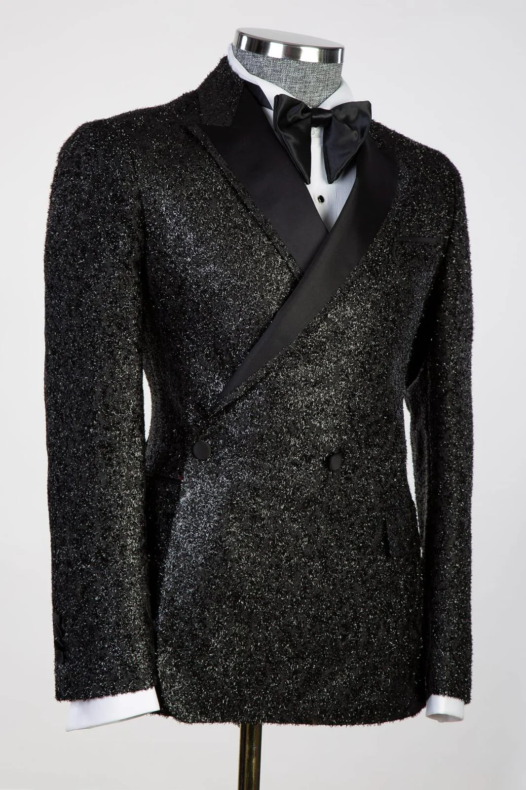 Black Frosted Side One-Button Men's Suit with Satin Lapel - Image 2