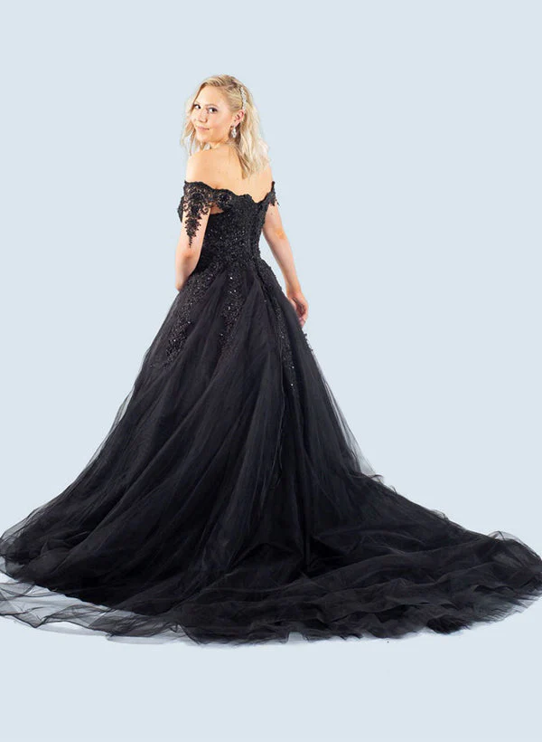 Black Gothic Ball-Gown Off-The-Shoulder Tulle Prom Dresses Featuring Appliques Lace - Image 2