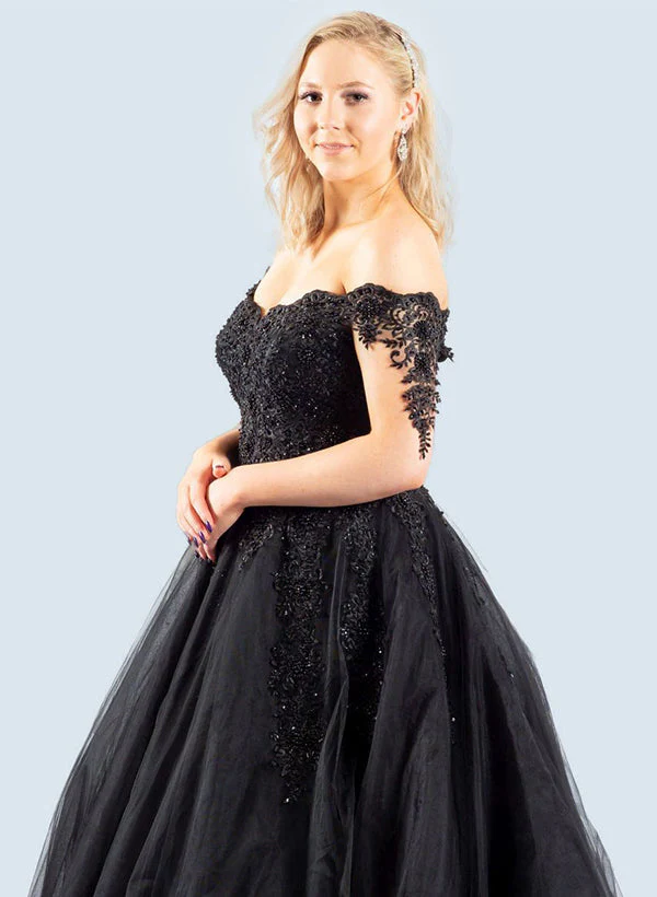 Black Gothic Ball-Gown Off-The-Shoulder Tulle Prom Dresses Featuring Appliques Lace - Image 3