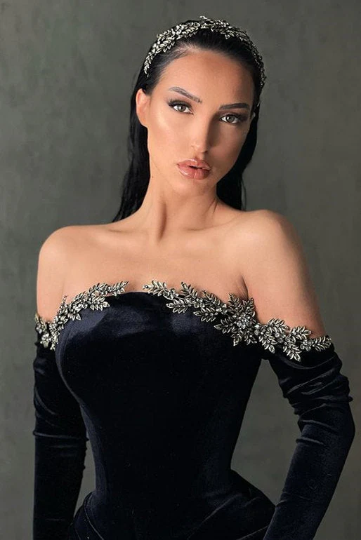 Black High-split Velvet Off-the-shoulder Mermaid Prom Dress - Image 2