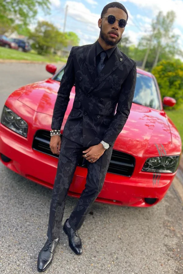 Black Jacquard Peaked Lapel Double-Breasted Prom Suit - Image 2