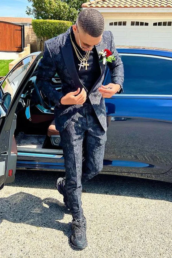 Black Jacquard Peaked Lapel Prom Suit - Image 2