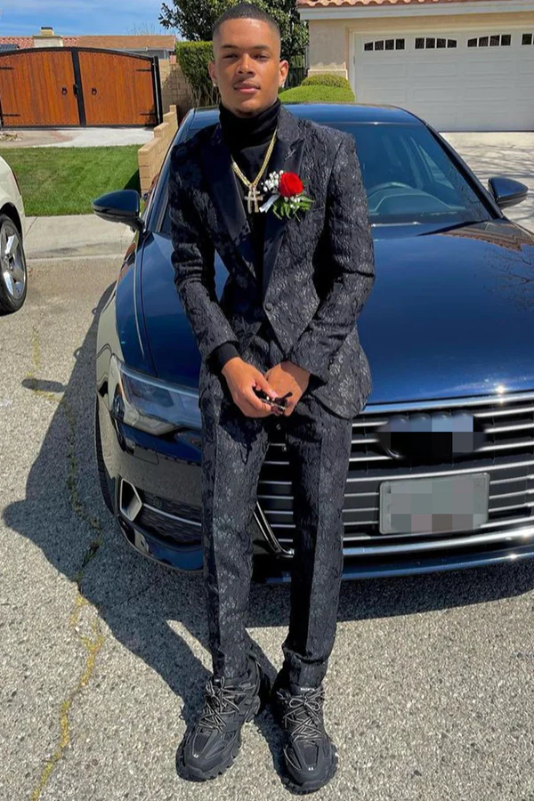 Black Jacquard Peaked Lapel Prom Suit - Image 3