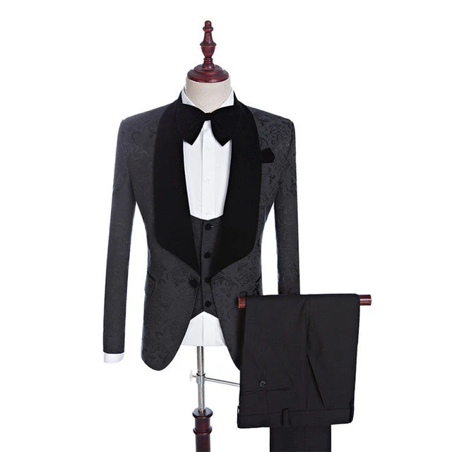 Black Jacquard Three-pieces Shawl Lapel Wedding Suits for Men - Image 2