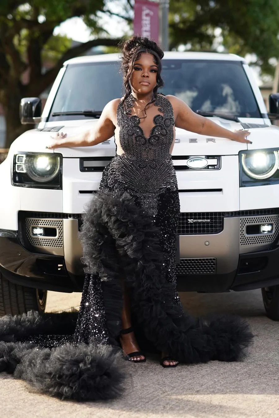 Black Keyhole Feathers High Split Mermaid Sequin Prom Dresses - Image 2