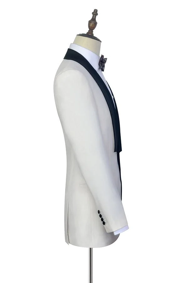 Black Knife Collar Well-cut White Wedding Suits for Men One Button Wedding Tuxedos - Image 5