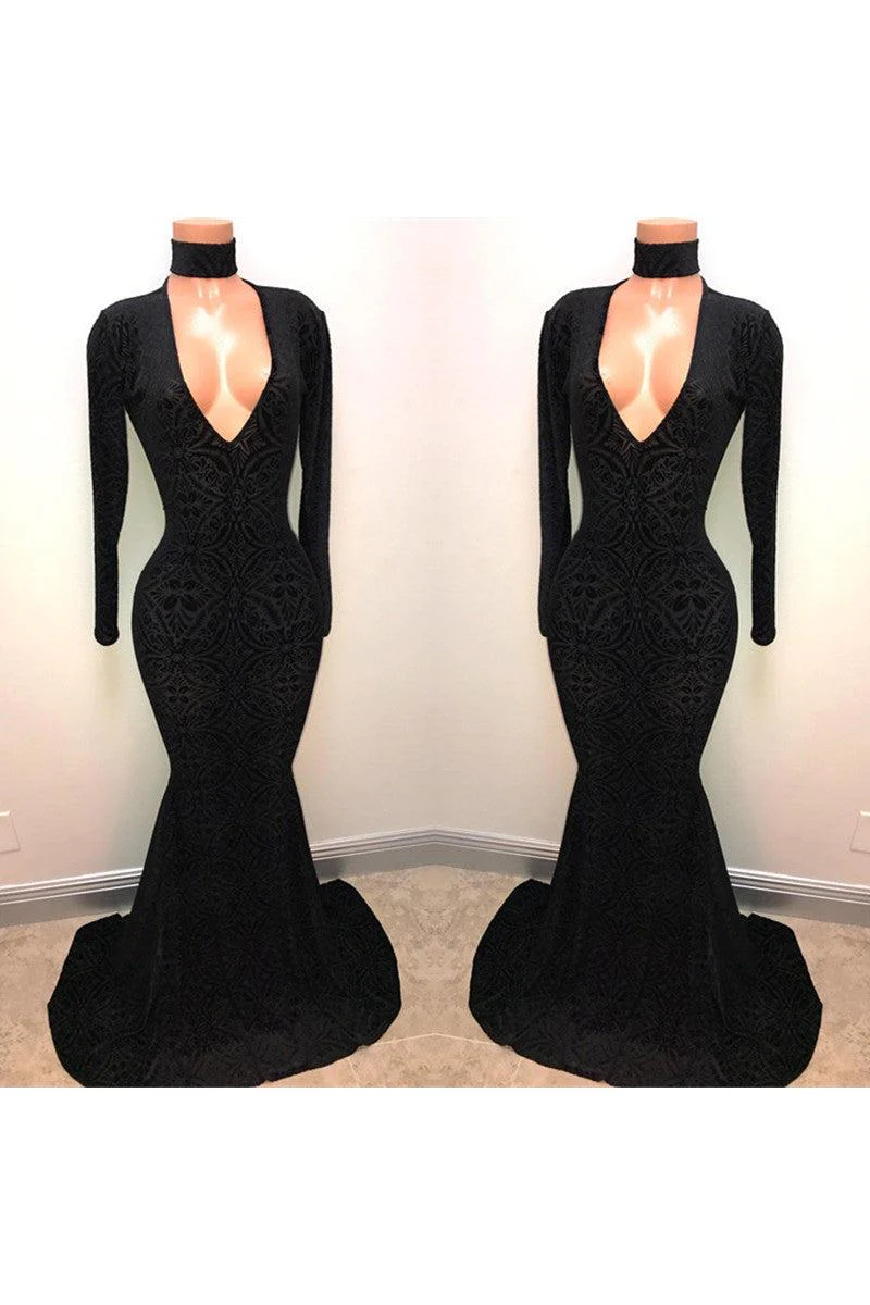 Black Lace V-Neck Prom Party Gowns| Mermaid Long-Sleeve Evening Gowns - Image 2