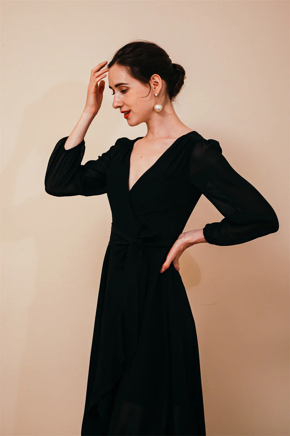 Black Long sleeves High low Chiffon Evening Dress - Image 2