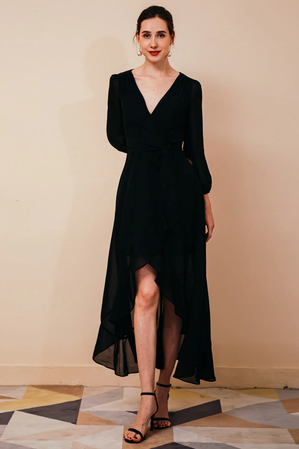 Black Long sleeves High low Chiffon Evening Dress - Image 3