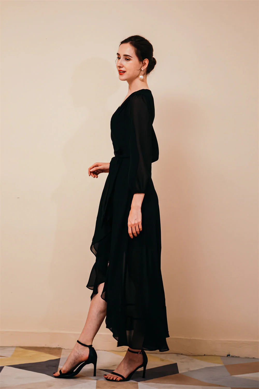 Black Long sleeves High low Chiffon Evening Dress - Image 4