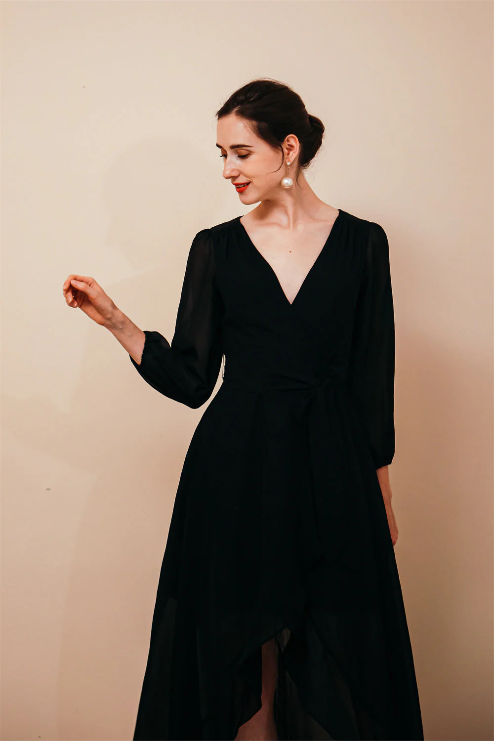 Black Long sleeves High low Chiffon Evening Dress - Image 5