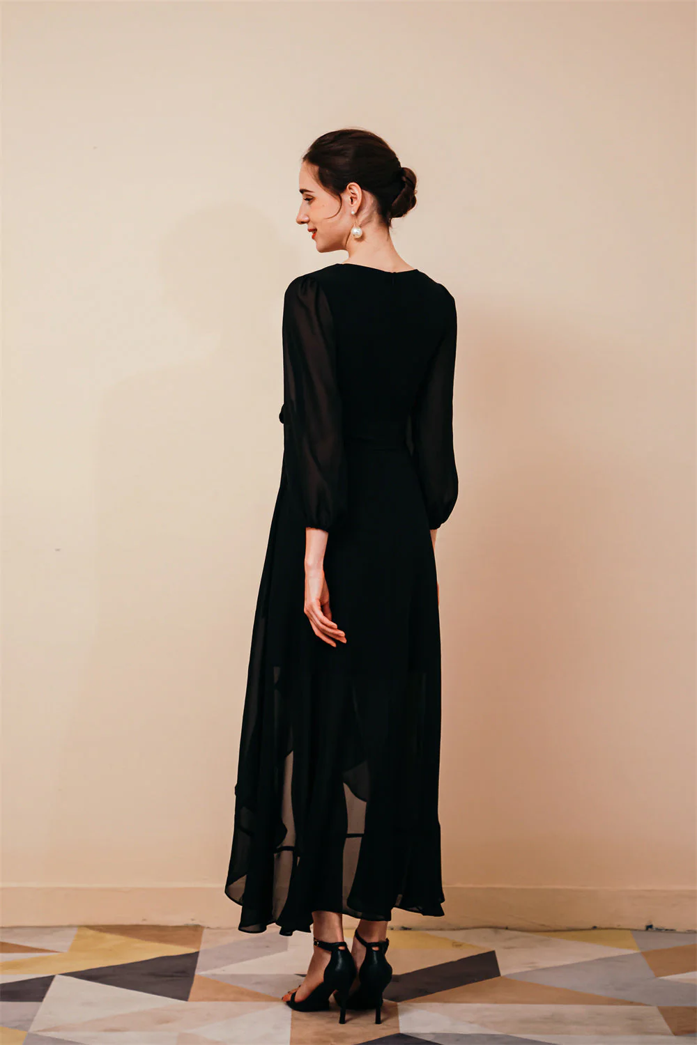Black Long sleeves High low Chiffon Evening Dress - Image 6