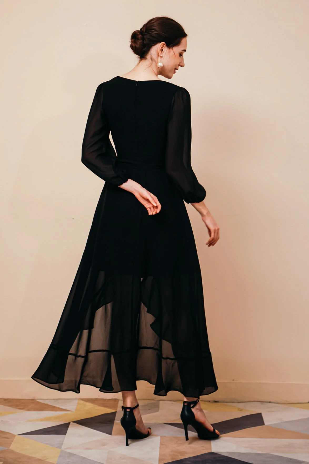 Black Long sleeves High low Chiffon Evening Dress - Image 7
