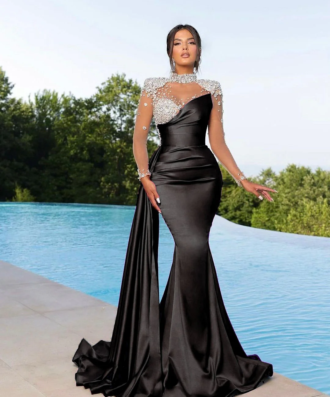 Black Long Sleeves High Neck Prom Dress Mermaid With Crystals - Image 2