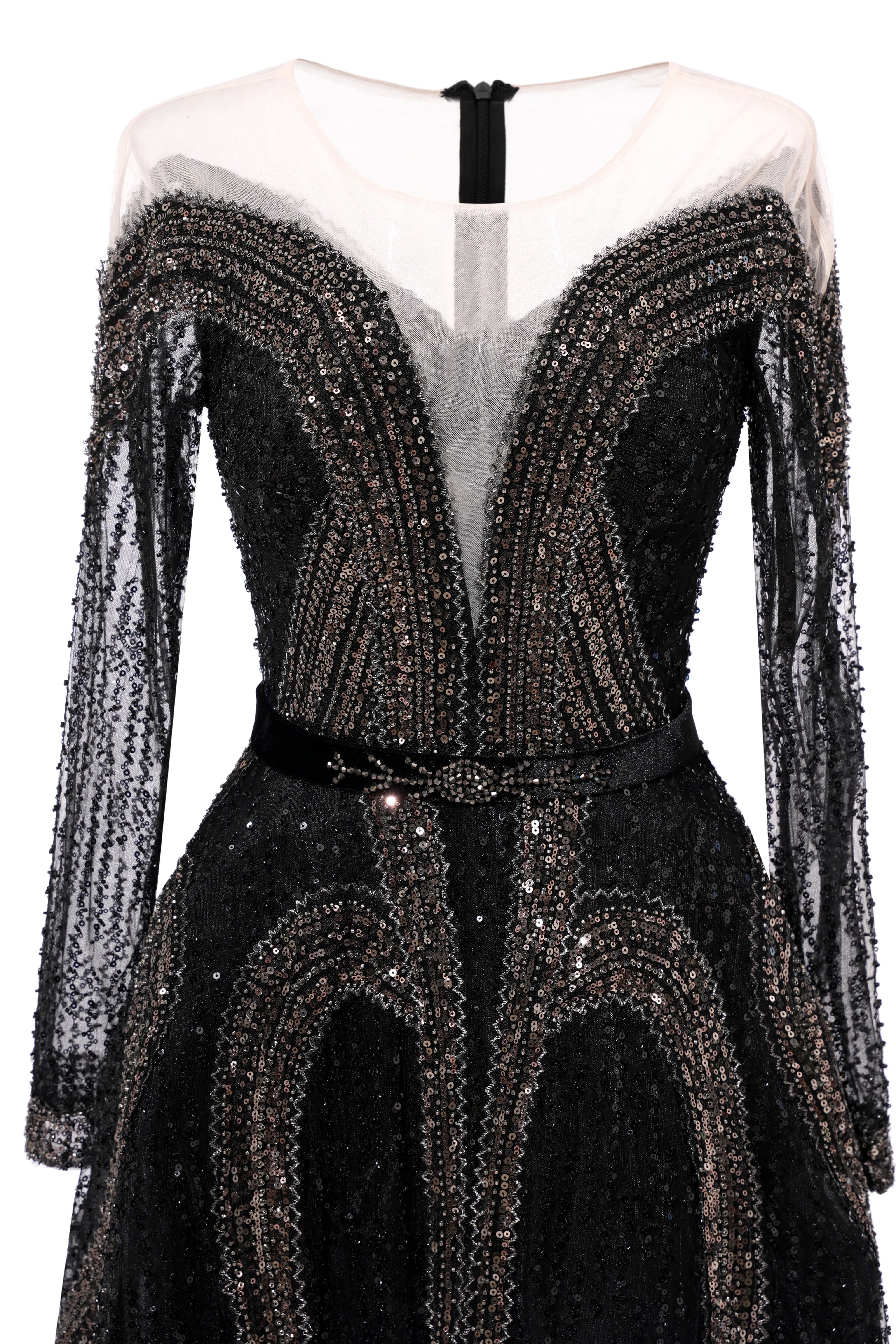 Black Long sleeves V-neck Luxury Sparkle Princess Evening Dresses - Image 3