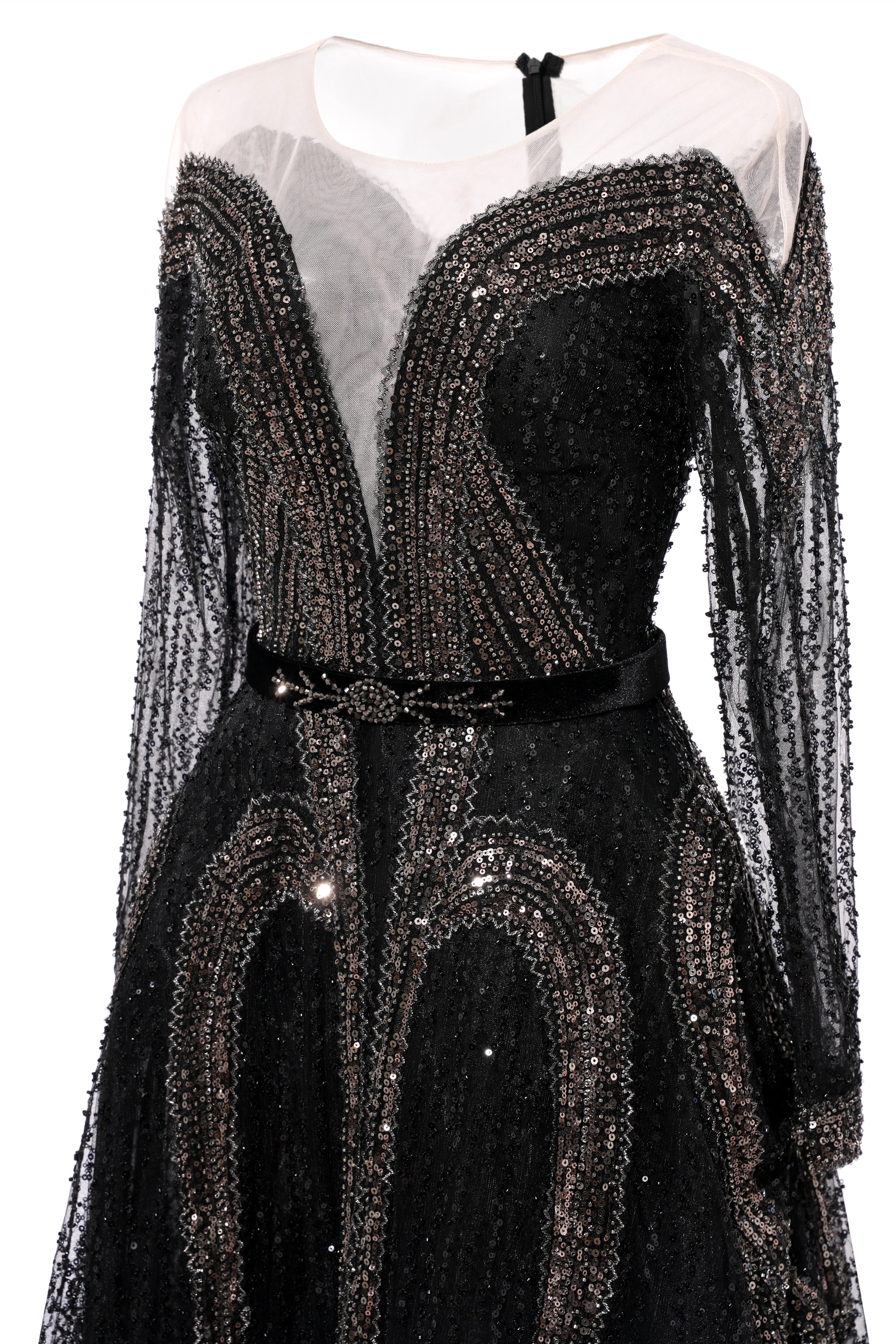 Black Long sleeves V-neck Luxury Sparkle Princess Evening Dresses - Image 4