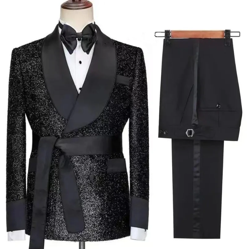 Black Men¡¯s Wedding Suit with Satin Shawl Lapel and Belt - Image 2