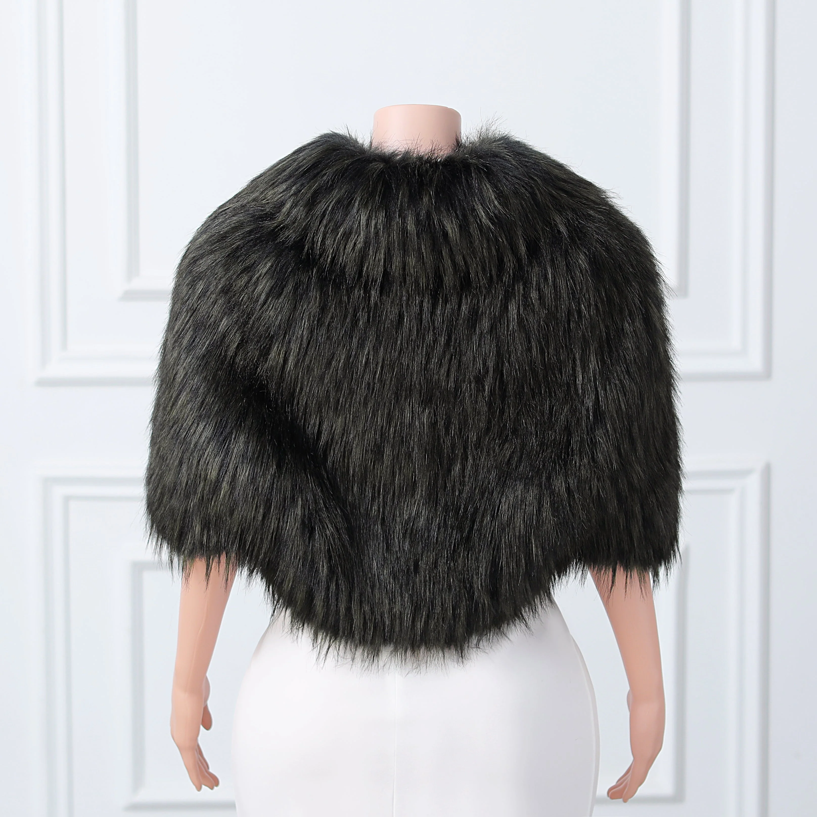 Black Mid-length Butterfly Sleeve Long Faux Fur Coat - Image 2