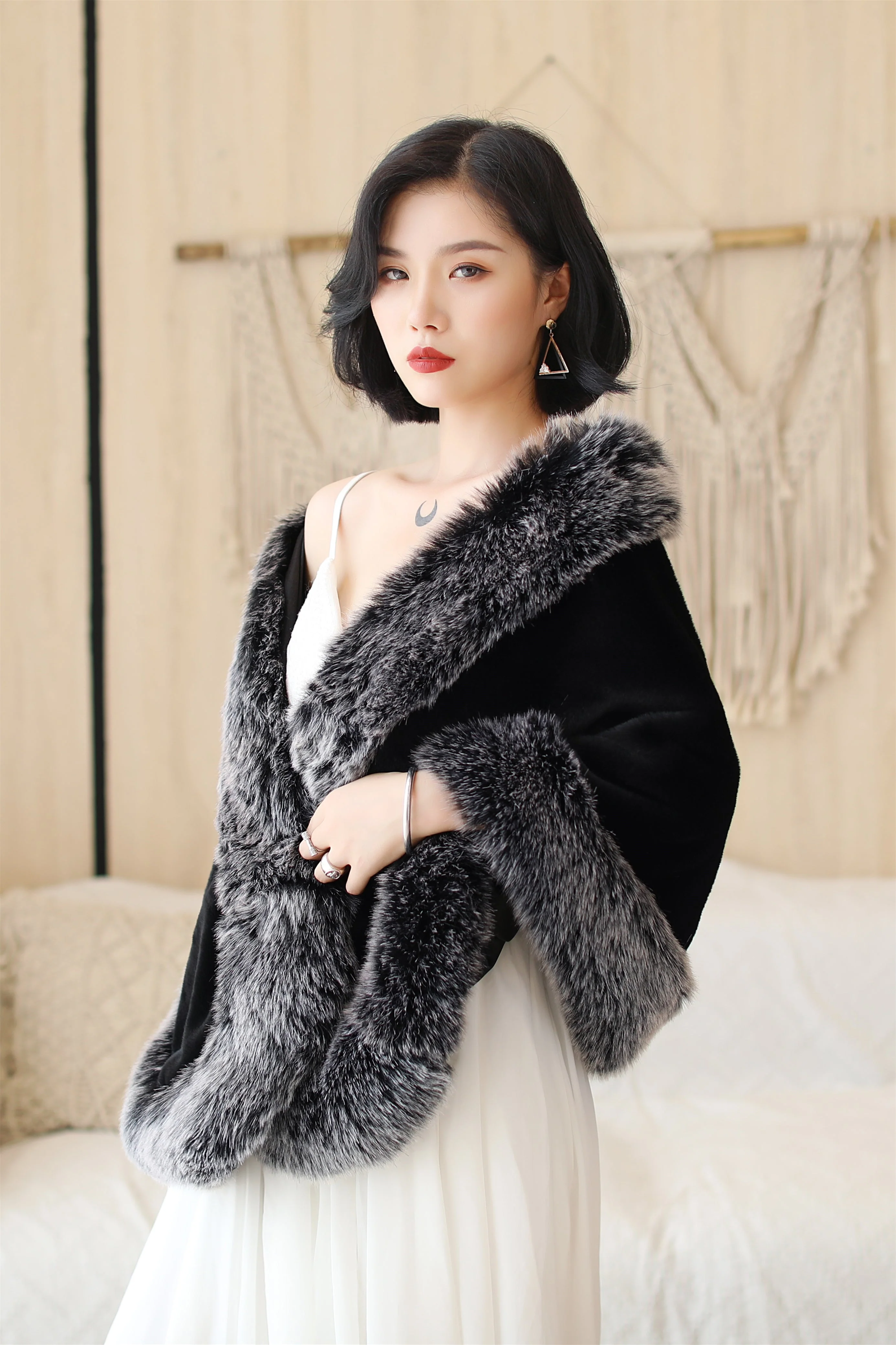 Black Mink Cashmere Rounded Corners Wedding Shawl with Grey Edges - Image 2