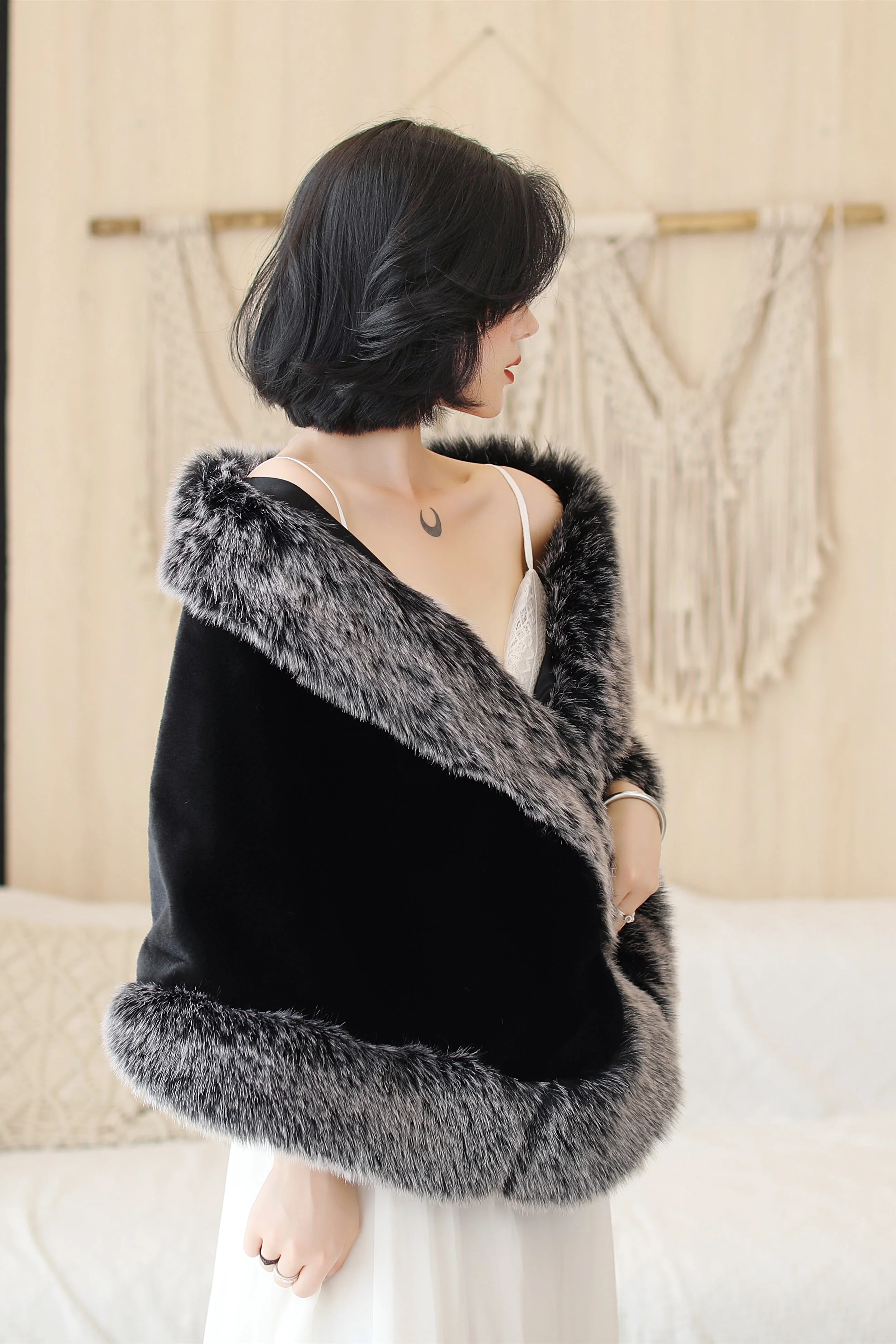Black Mink Cashmere Rounded Corners Wedding Shawl with Grey Edges - Image 3