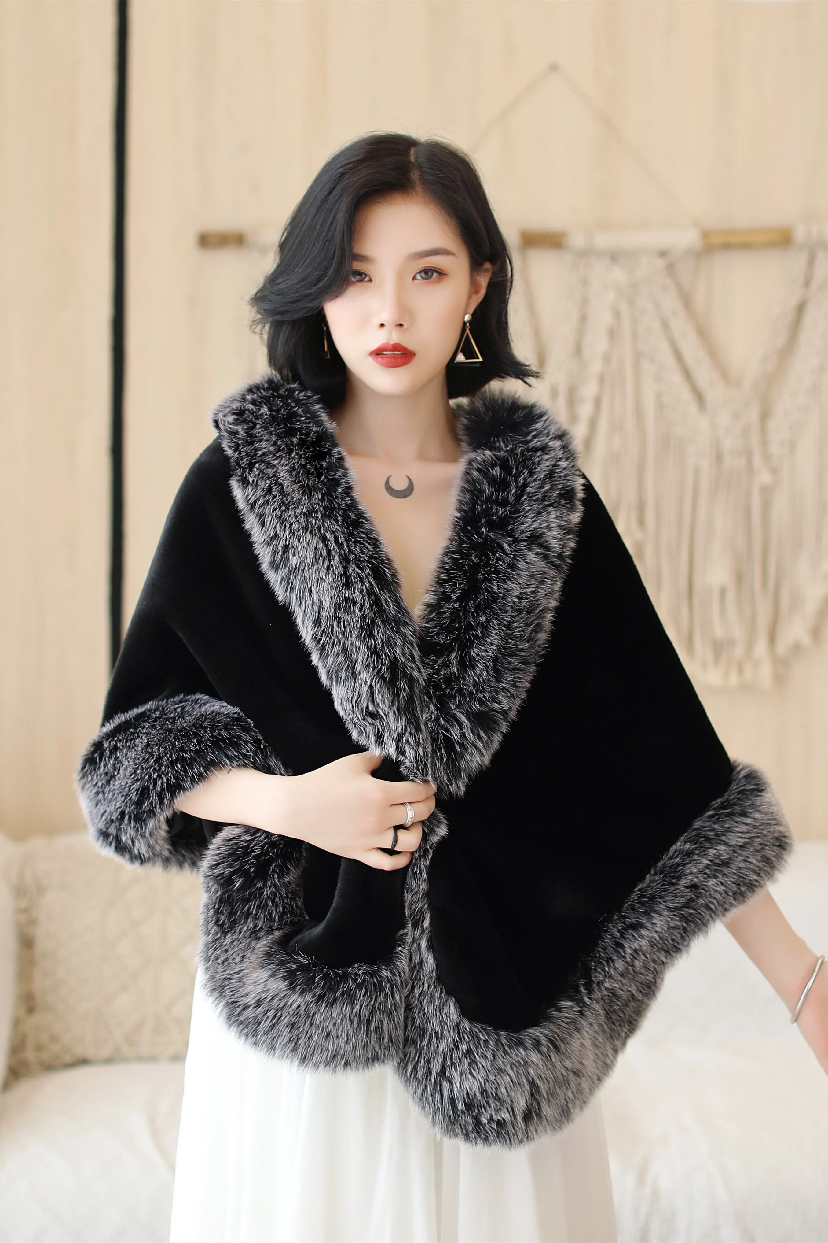 Black Mink Cashmere Rounded Corners Wedding Shawl with Grey Edges - Image 4