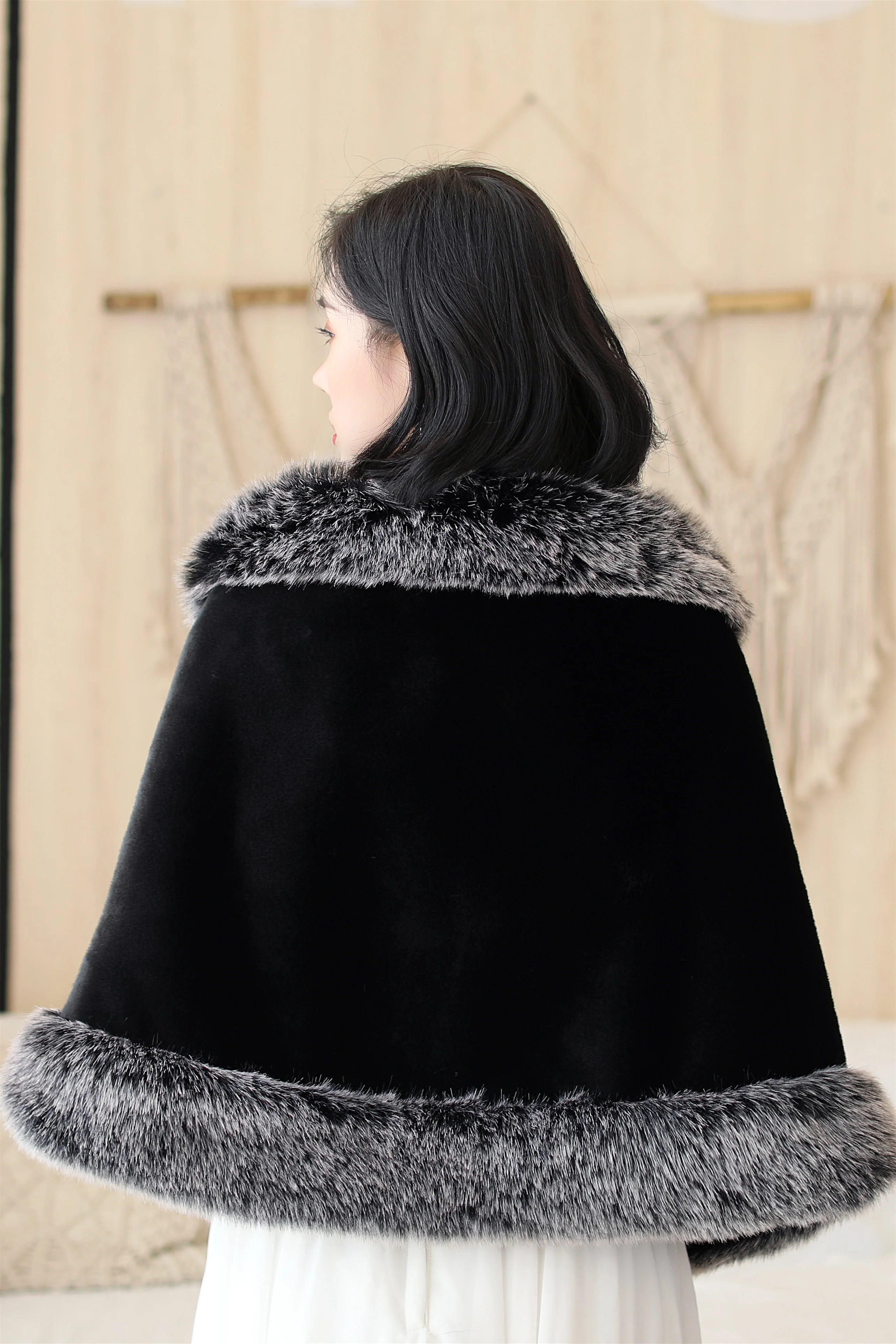 Black Mink Cashmere Rounded Corners Wedding Shawl with Grey Edges - Image 5