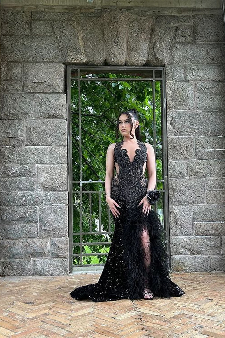 Black Open Back Sleeveless High Split Sequin Long Prom Dresses - Image 2