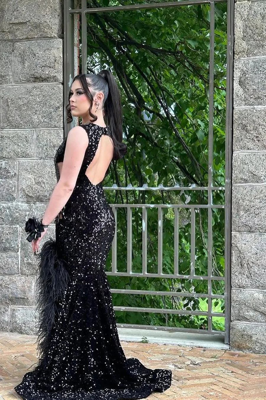 Black Open Back Sleeveless High Split Sequin Long Prom Dresses - Image 4