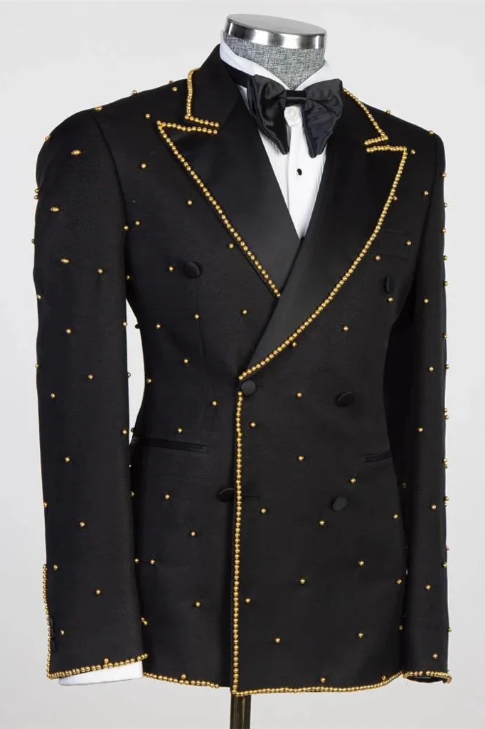Black Peaked Lapel Double-Breasted Prom Suit with Gold Beading - Image 2
