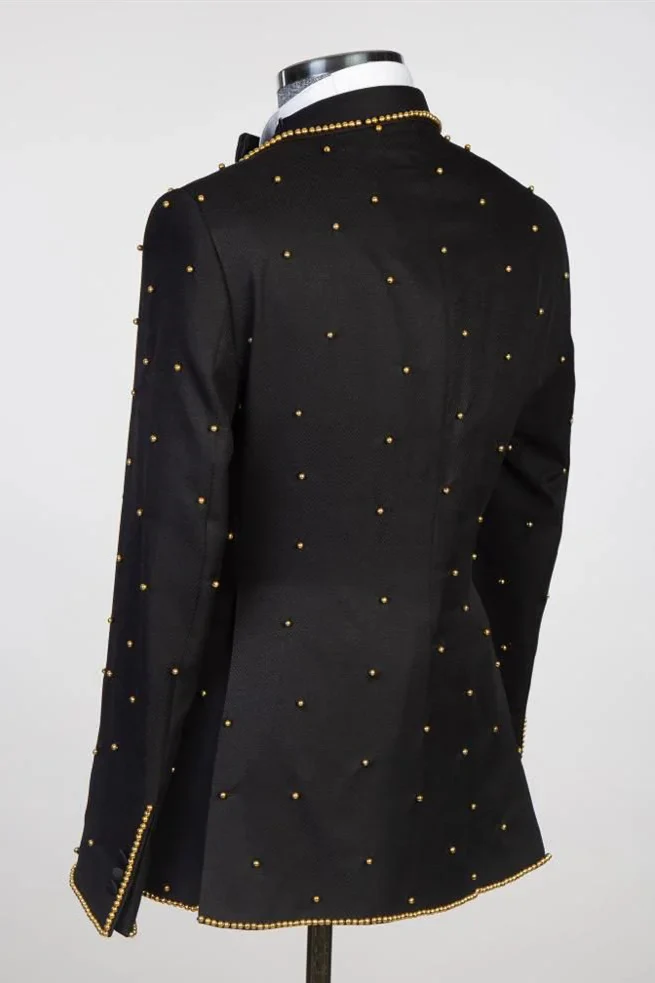 Black Peaked Lapel Double-Breasted Prom Suit with Gold Beading - Image 3
