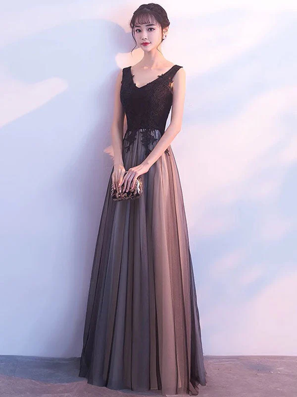 Stunning Black Evening Dresses Long V Neck Lace Tulle Sleeveless A Lien Floor Length Formal Evening Dress - Image 2