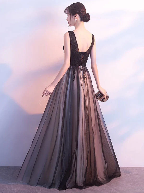 Stunning Black Evening Dresses Long V Neck Lace Tulle Sleeveless A Lien Floor Length Formal Evening Dress - Image 3
