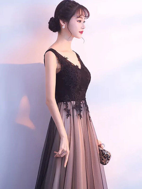 Stunning Black Evening Dresses Long V Neck Lace Tulle Sleeveless A Lien Floor Length Formal Evening Dress - Image 5