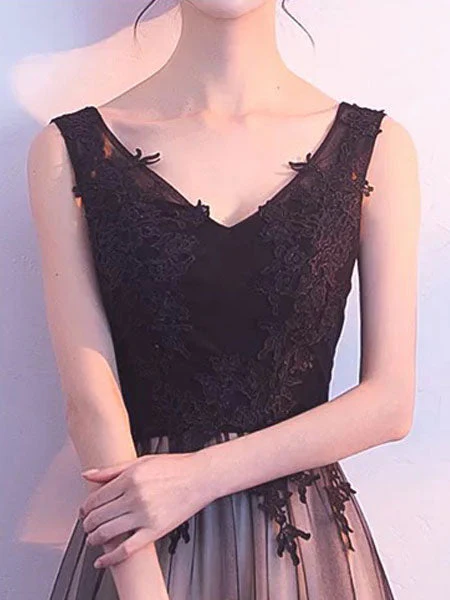 Stunning Black Evening Dresses Long V Neck Lace Tulle Sleeveless A Lien Floor Length Formal Evening Dress - Image 6