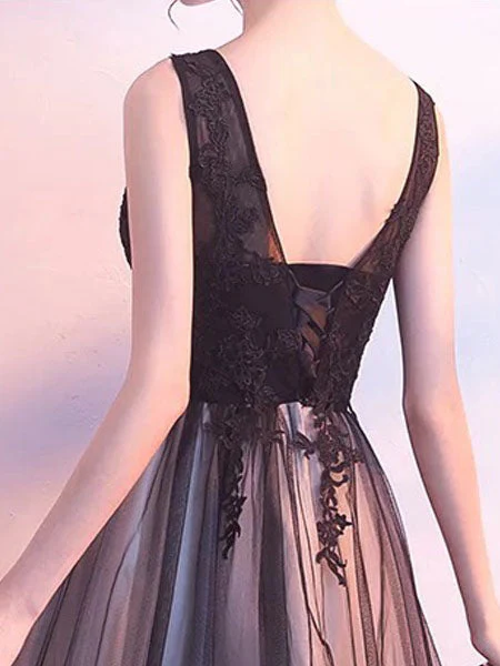 Stunning Black Evening Dresses Long V Neck Lace Tulle Sleeveless A Lien Floor Length Formal Evening Dress - Image 7
