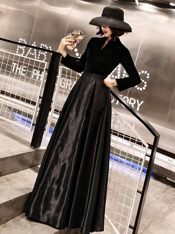 Eleagnt Black Evening Dresses Long V Neck Velvet Satin Patchwork Maxi Dresses - Image 2