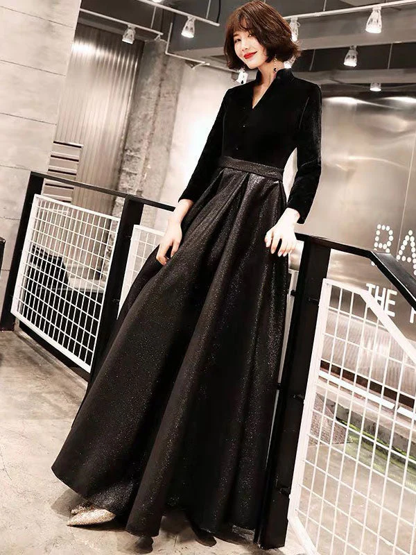 Eleagnt Black Evening Dresses Long V Neck Velvet Satin Patchwork Maxi Dresses - Image 3