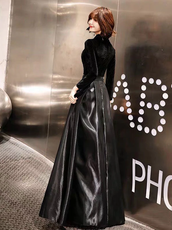 Eleagnt Black Evening Dresses Long V Neck Velvet Satin Patchwork Maxi Dresses - Image 4