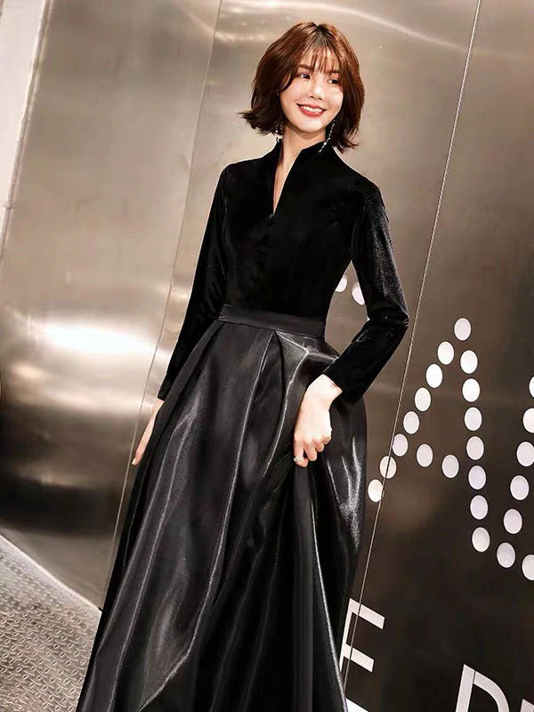 Eleagnt Black Evening Dresses Long V Neck Velvet Satin Patchwork Maxi Dresses - Image 5